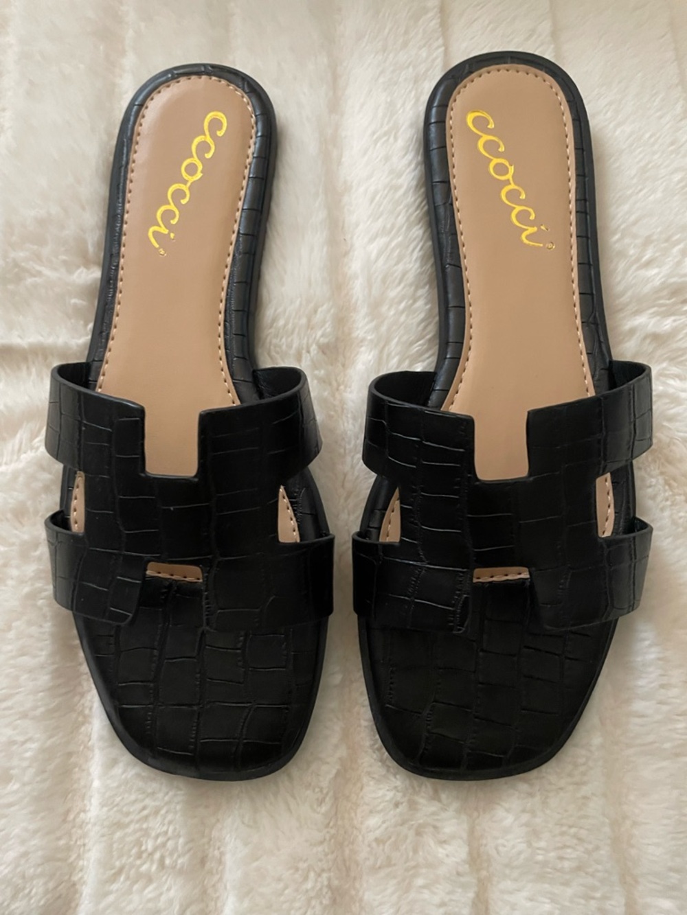 CCOCCI Black Croc-Embossed Slide Mules with Tan Insole